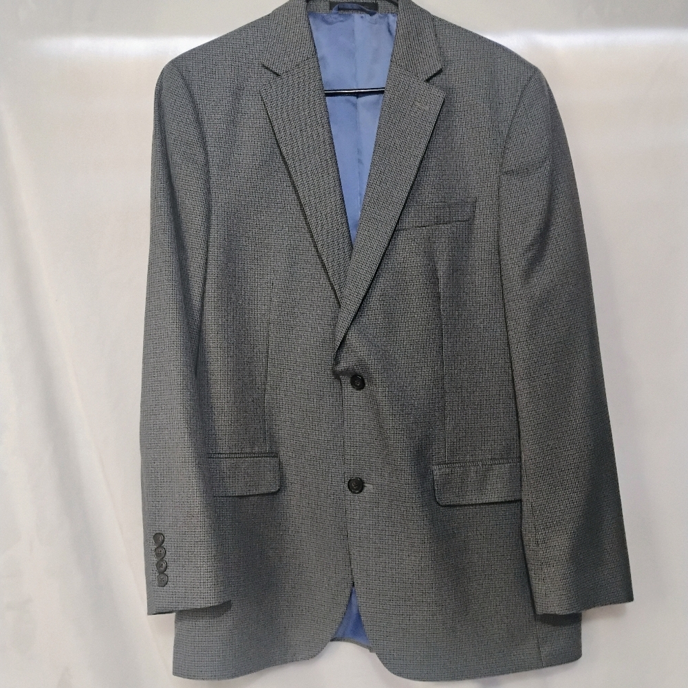 Chaps Mens Blazer 42L Grey Houndstooth Suit Jacket Blue Lining Gray 2 Button
